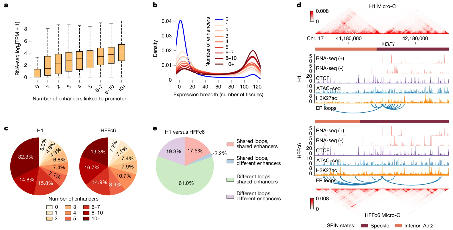 Multi-panel figure focusing on enhancer/promoter and transcriptional statistics