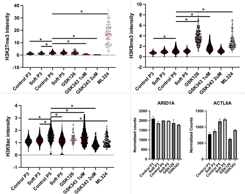Beswarm and barplots of epigenetic marks and SWI/SNF proteins